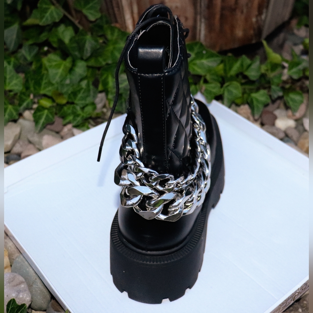 Nasty Gal Black Faux Leather Chunky Gothic Chain Lace-Up Boots - Picture 4 of 9